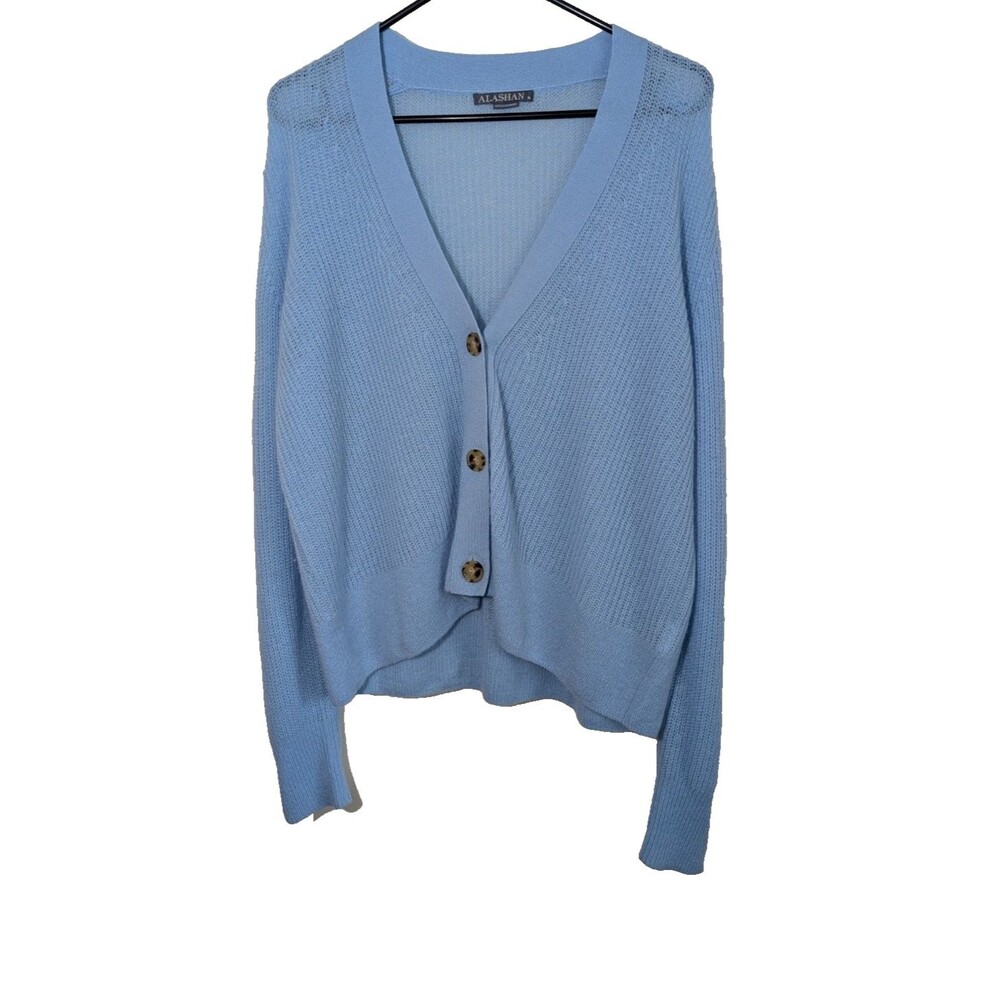 Alashan Women's Cardigan Sweater Blue Cashmere Open Knit Size XL